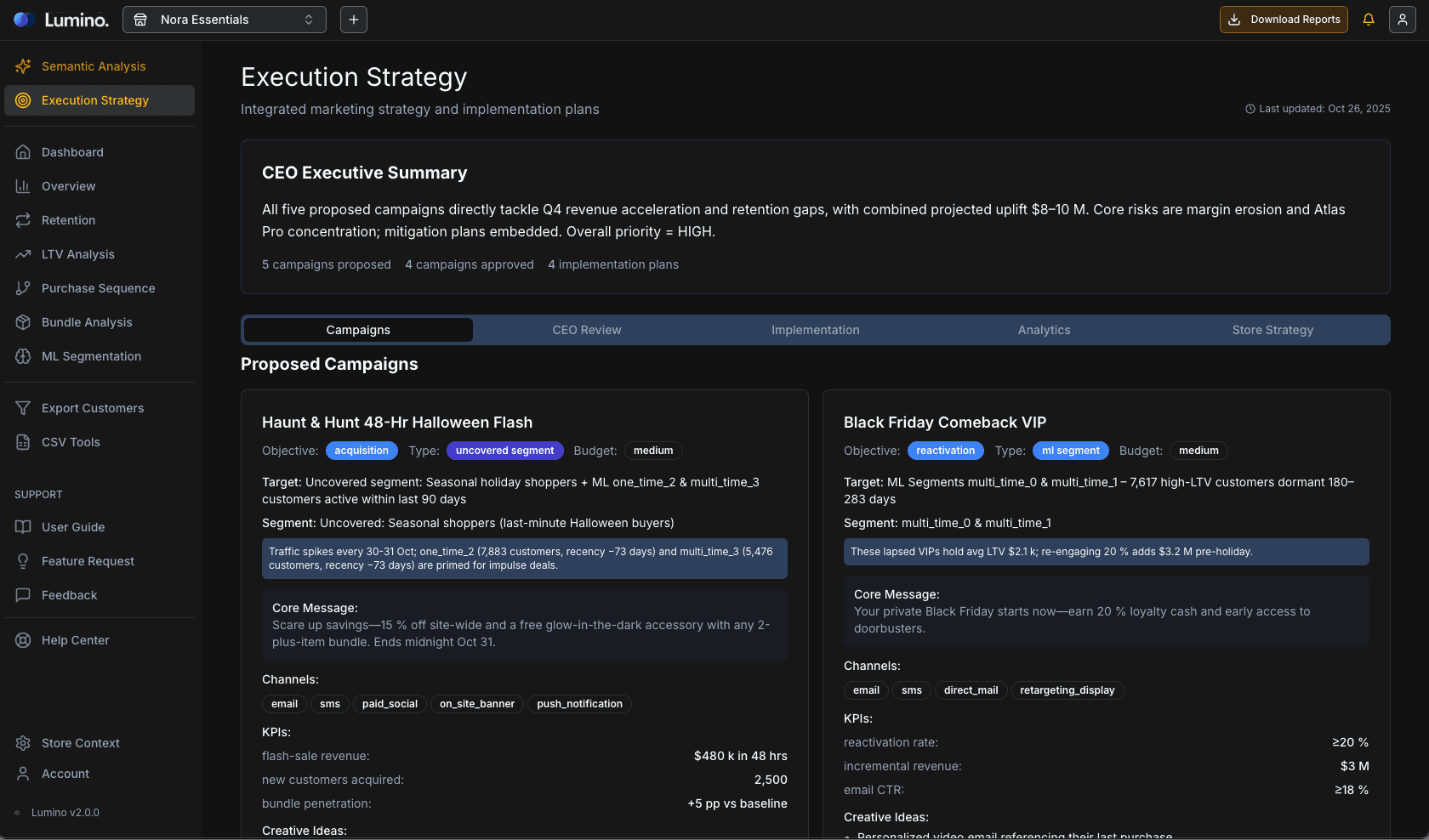 Execution strategy showing segment-specific campaigns with targeting, messaging, KPIs, and A/B tests