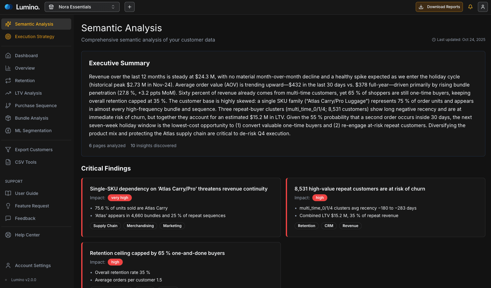 AI semantic analysis showing executive summary, critical findings, and strategic opportunities